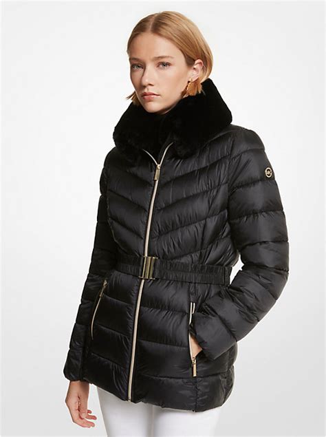 faux fur trim quilted puffer jacket michael kors|Michael Kors insulated jacket.